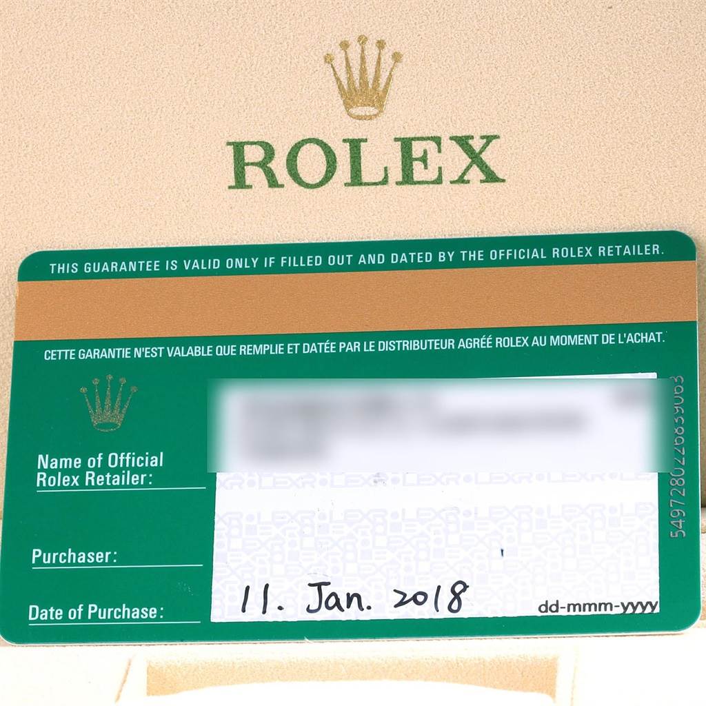 The image shows a close-up of a warranty card for a Rolex Oyster Perpetual 60947155 Stainless Steel Champagne Dial 60947155 Stainless Steel Champagne Dial watch dated January 11, 2018.