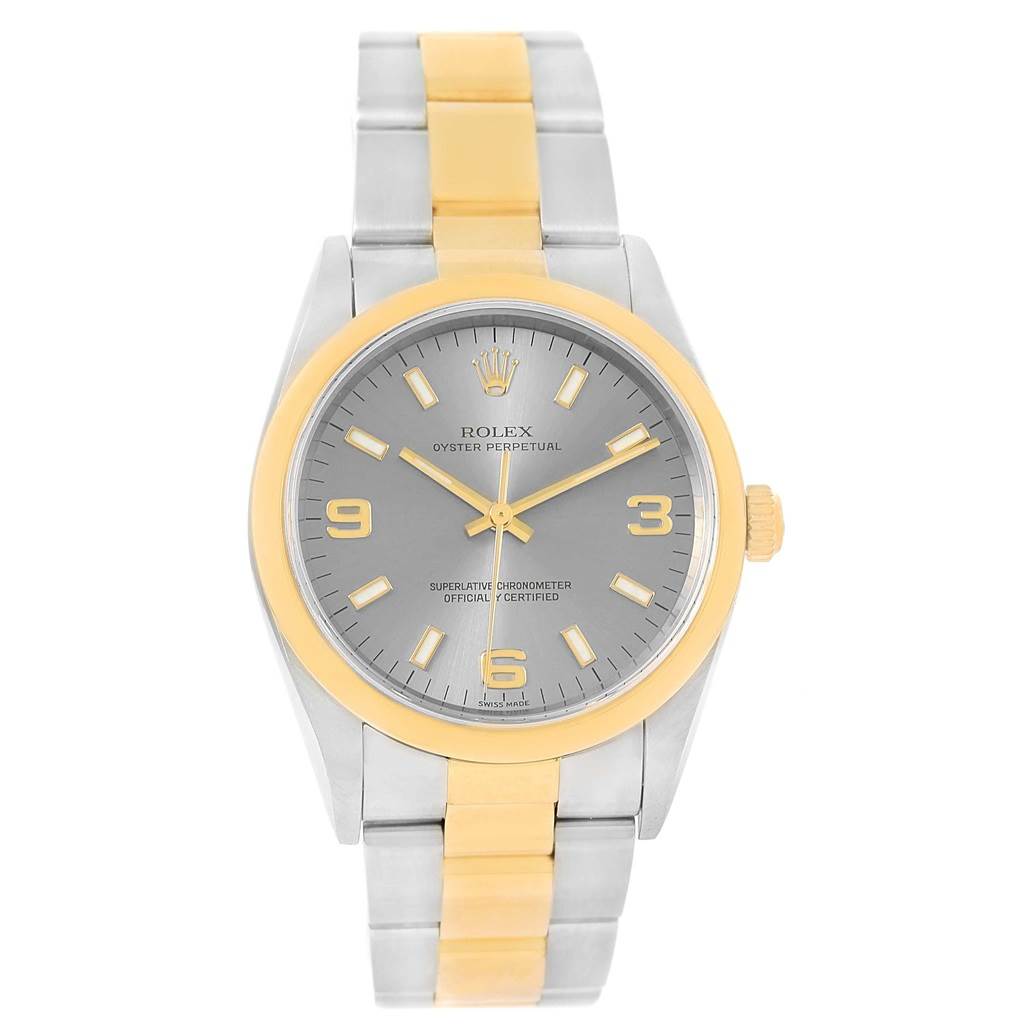 This image shows a front view of a Rolex Oyster Perpetual 14203 Men's Steel and Gold (two tone) Grey Dial 14203 Men's Steel and Gold (two tone) Grey Dial watch, highlighting its face, bezel, and bracelet.