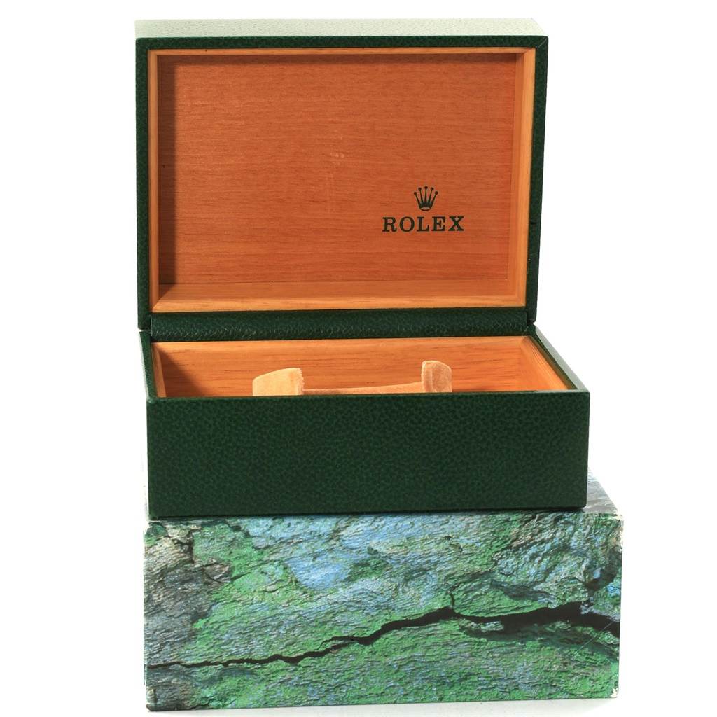 This image shows an open Rolex watch box for the Oyster Perpetual model, displaying the interior cushioning and the brand logo.