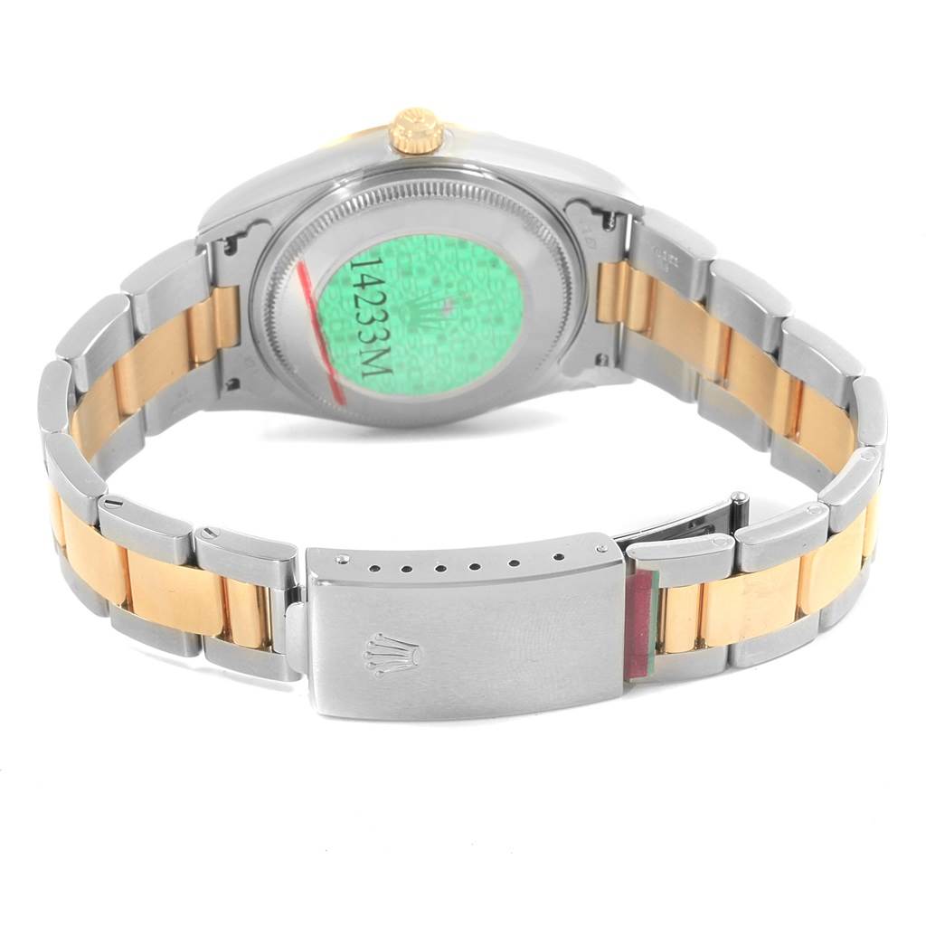 The image shows the back and clasp of a Rolex Oyster Perpetual 14233 Men's Steel and Gold (two tone) Grey Dial 14233 Men's Steel and Gold (two tone) Grey Dial watch, highlighting the bracelet and case back.