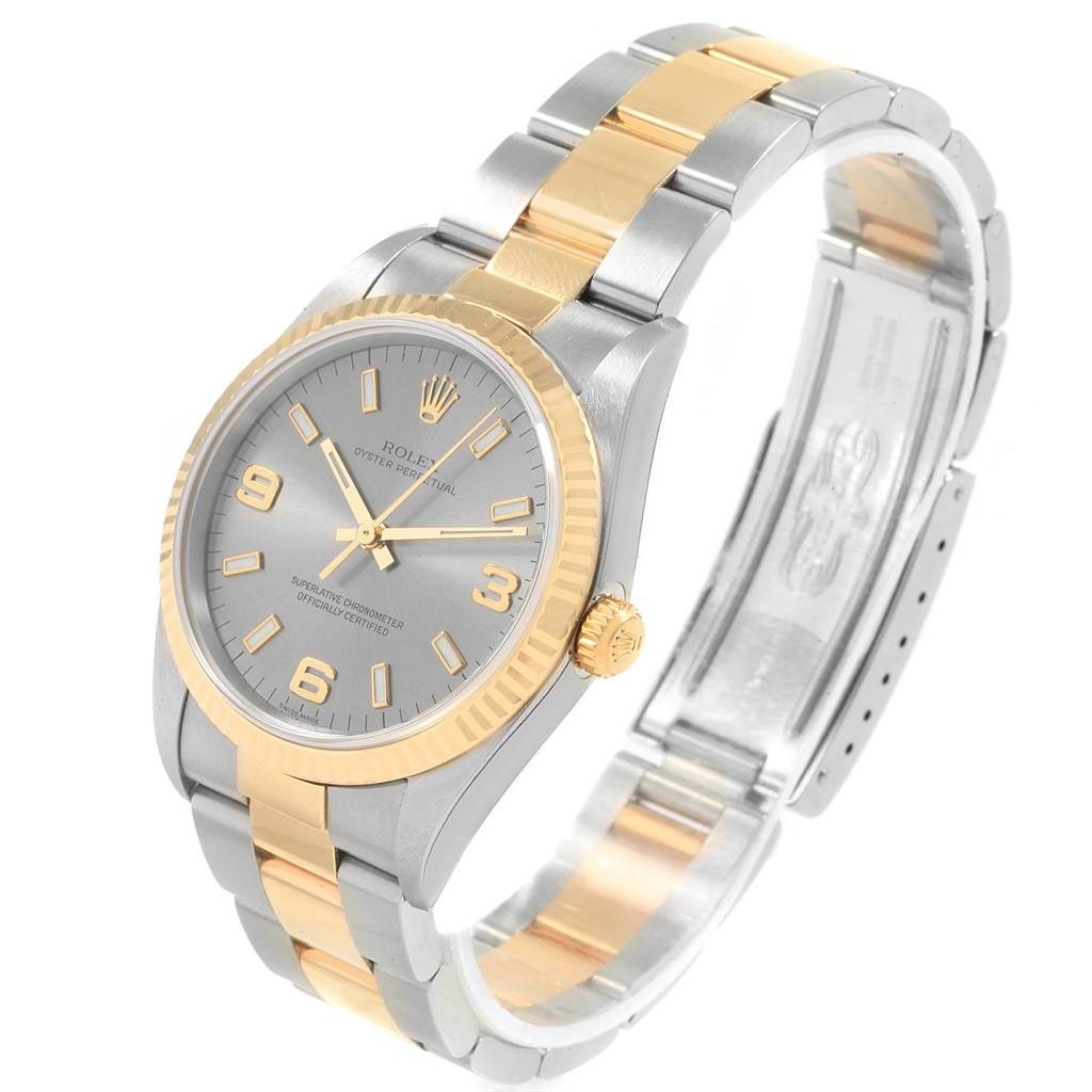 The image shows a Rolex Oyster Perpetual 14233 Men's Steel and Gold (two tone) Grey Dial 14233 Men's Steel and Gold (two tone) Grey Dial watch at a slight angle, highlighting its two-tone bracelet, dial, bezel, and crown.