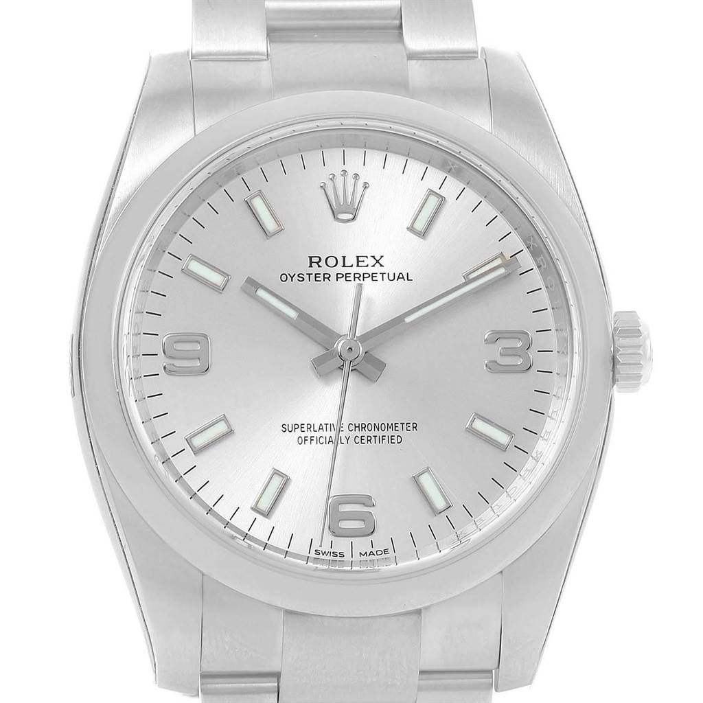The image shows a frontal view of a Rolex Oyster Perpetual 114200 Men's Stainless Steel Silver Dial 114200 Men's Stainless Steel Silver Dial watch, highlighting its face, dial, and part of the bracelet.