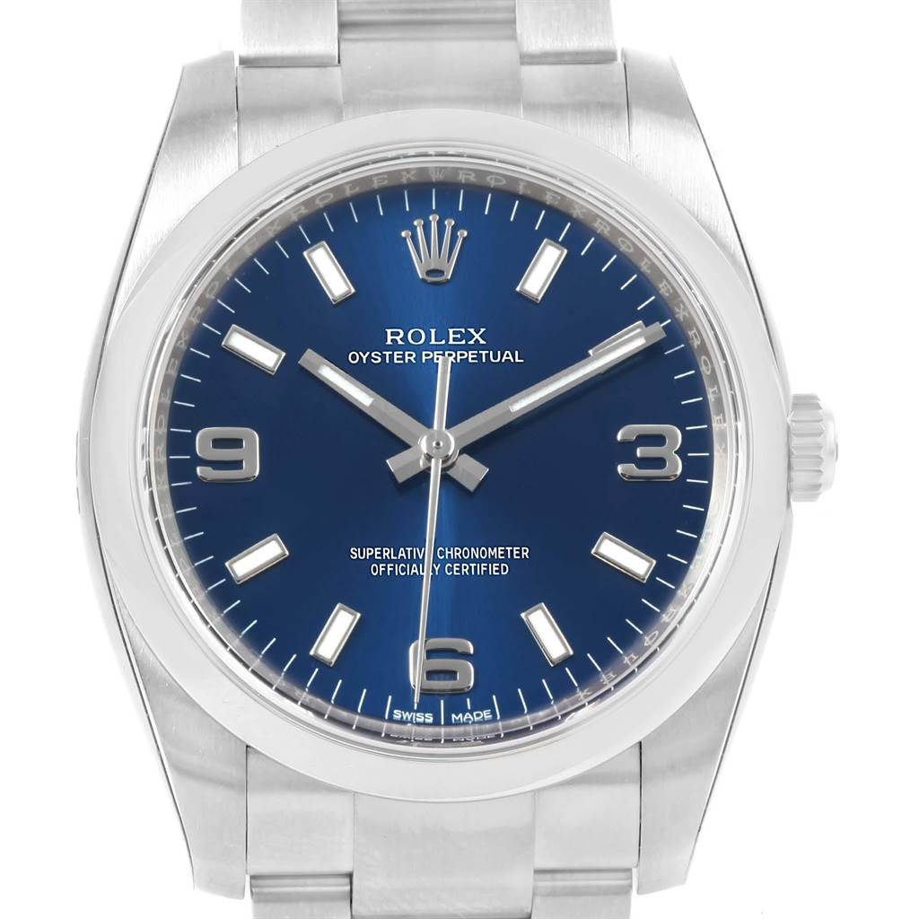 This image shows a front view of the Rolex Oyster Perpetual 114200 Men's Stainless Steel Blue Dial 114200 Men's Stainless Steel Blue Dial watch with a blue dial and stainless steel bracelet.