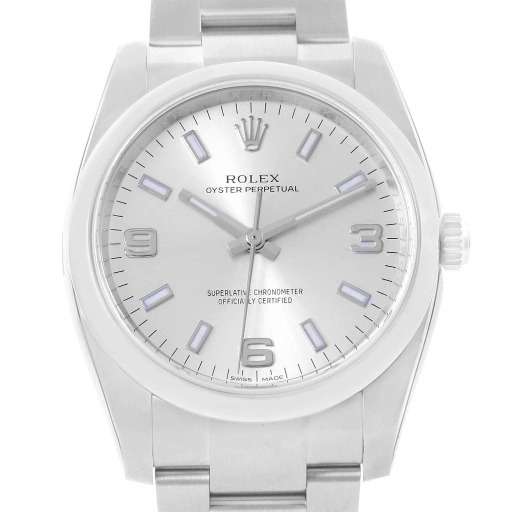 The image shows a front view of a Rolex Oyster Perpetual 114200 Men's Stainless Steel Silver Dial 114200 Men's Stainless Steel Silver Dial watch, highlighting the dial, hands, and part of the bracelet.
