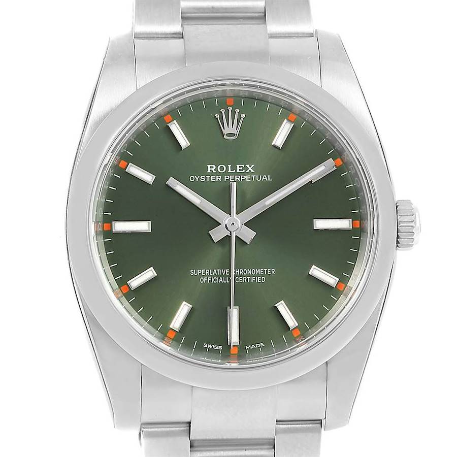 Rolex Oyster Perpetual 34 Olive Green Steel Unisex Watch 114200 Unworn SwissWatchExpo