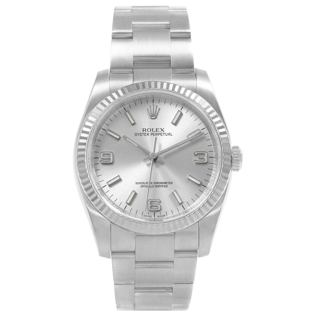 This image shows a frontal view of a Rolex Oyster Perpetual 116034 Men's Stainless Steel Silver Dial 116034 Men's Stainless Steel Silver Dial watch, displaying its face, bezel, and bracelet.
