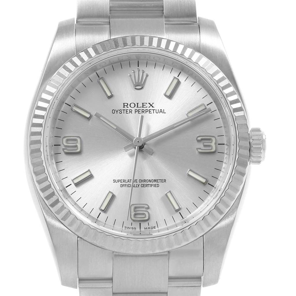 The image shows a front view of the Rolex Oyster Perpetual 116034 Men's Stainless Steel Silver Dial 116034 Men's Stainless Steel Silver Dial watch, highlighting the dial, case, bezel, and part of the bracelet.