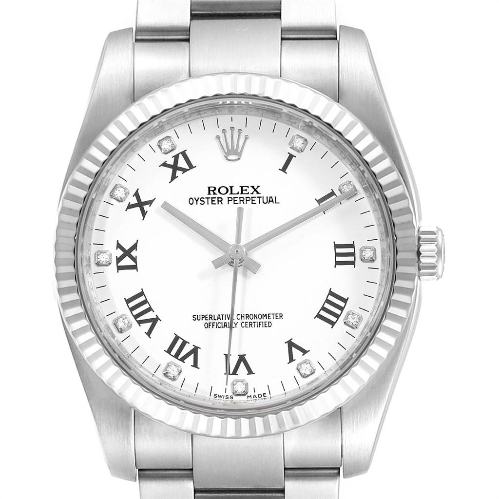 The image shows a front view of the Rolex Oyster Perpetual 116034 Men's Stainless Steel White Dial 116034 Men's Stainless Steel White Dial, displaying the watch face, bezel, and part of the strap.