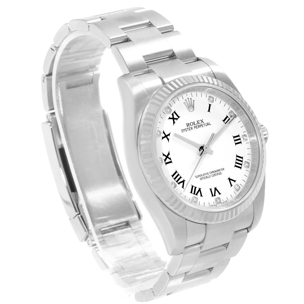 The image shows a side angle of a Rolex Oyster Perpetual 116034 Men's Stainless Steel White Dial 116034 Men's Stainless Steel White Dial watch with its bracelet and white dial visible.