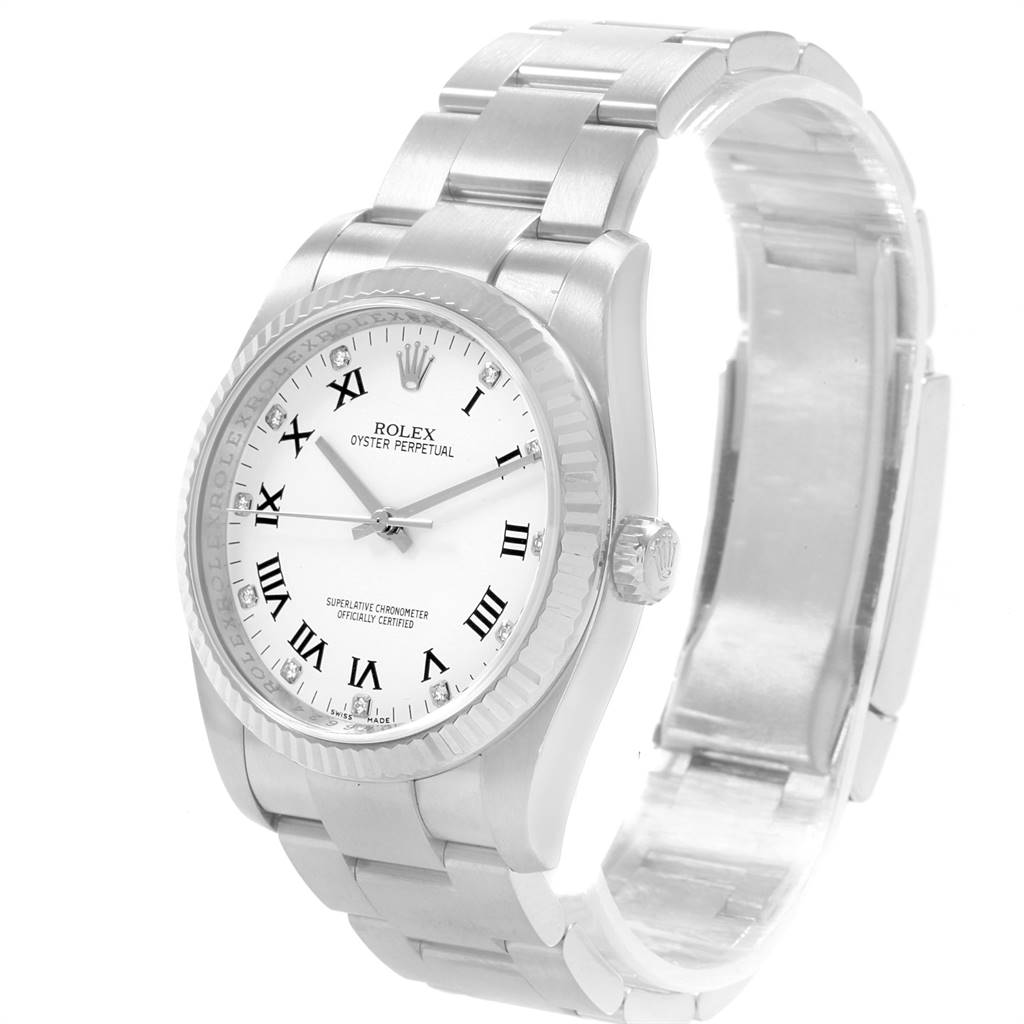 The image shows a Rolex Oyster Perpetual 116034 Men's Stainless Steel White Dial 116034 Men's Stainless Steel White Dial watch from an upper front angle, showcasing the dial, bezel, and part of the bracelet.