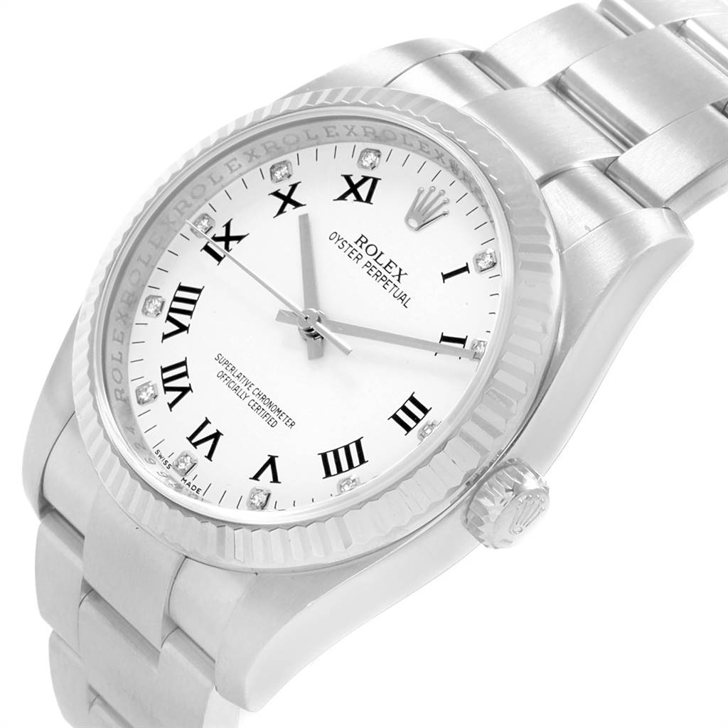 The image shows a close-up angled view of the Rolex Oyster Perpetual 116034 Men's Stainless Steel White Dial 116034 Men's Stainless Steel White Dial watch, highlighting the dial, bezel, and bracelet.