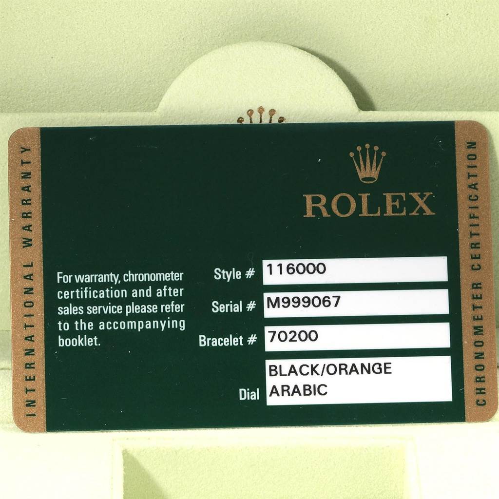 This image shows the warranty card for a Rolex Oyster Perpetual 116000 Men
s Stainless Steel Black Dial 116000 Men
s Stainless Steel Black Dial watch, detailing its style, serial, bracelet number, and dial type.