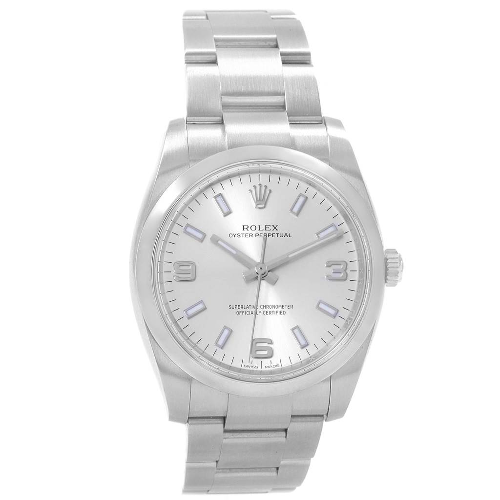 The image shows a front view of a Rolex Oyster Perpetual 114200 Men's Stainless Steel Silver Dial 114200 Men's Stainless Steel Silver Dial watch, highlighting its dial, hands, and bracelet.