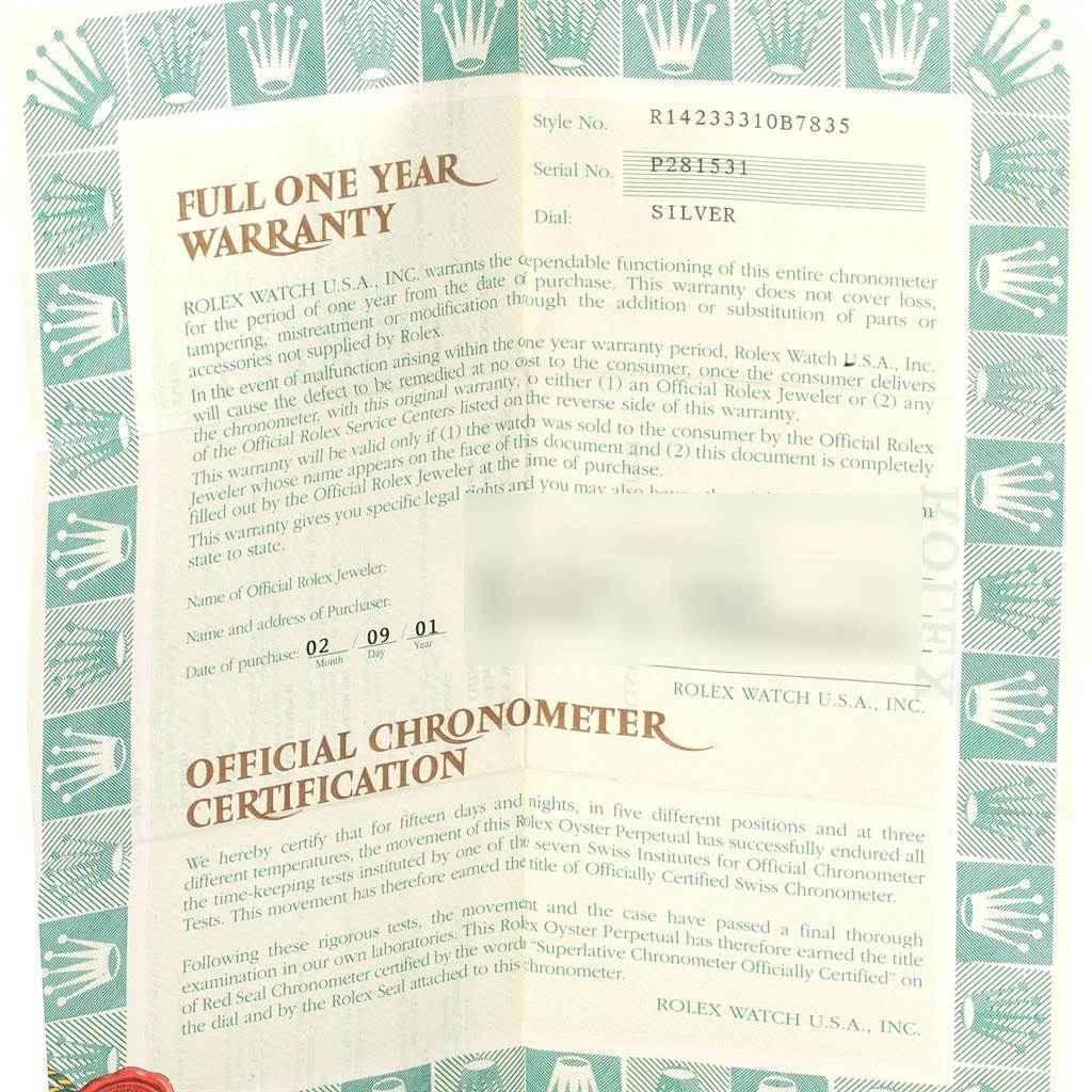 The image shows a full, flat view of a warranty document for a Rolex Oyster Perpetual 14233 Men's Steel and Gold (two tone) Silver Dial 14233 Men's Steel and Gold (two tone) Silver Dial watch.