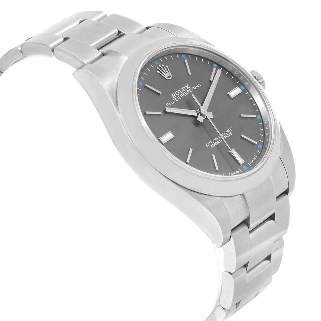 The image shows a semi-side angle of a Rolex Oyster Perpetual 114300 Men
s Stainless Steel Grey Dial 114300 Men
s Stainless Steel Grey Dial watch, highlighting its stainless steel bracelet and face.