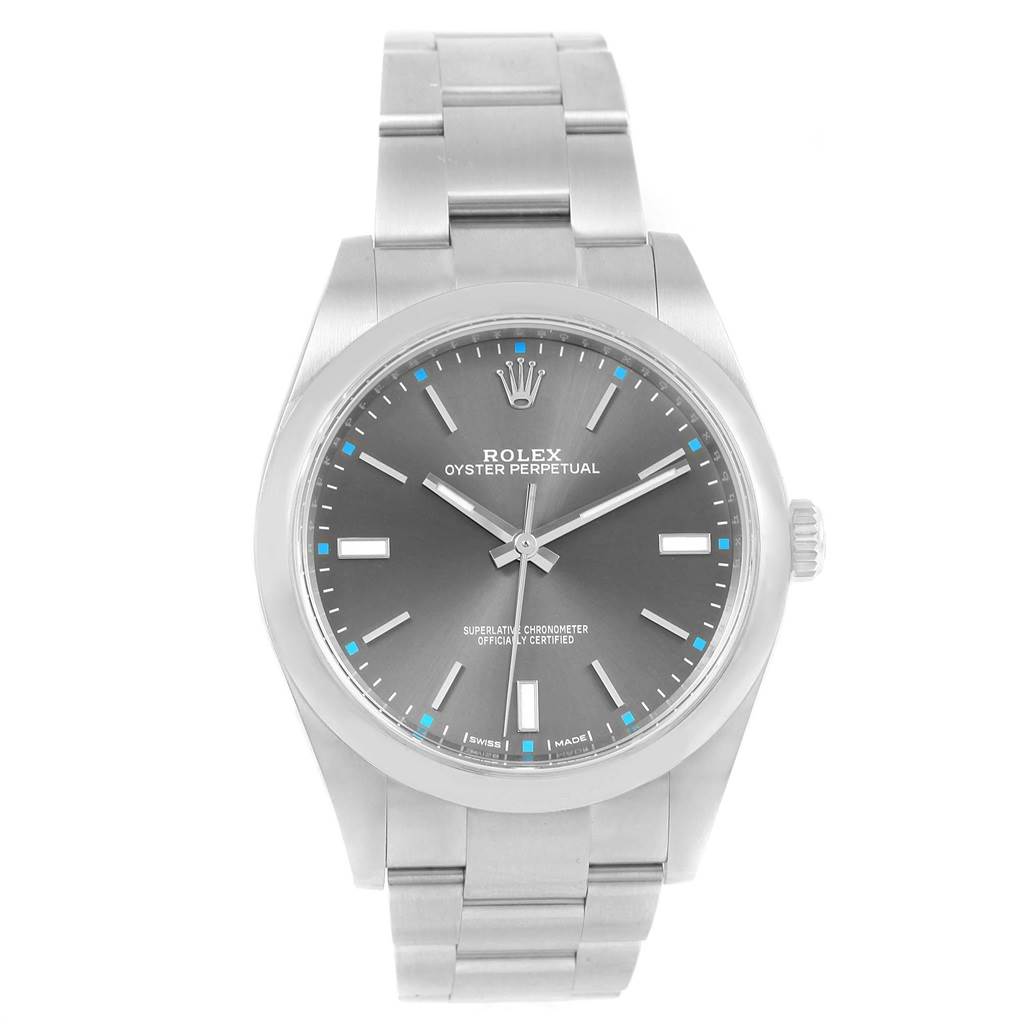 This is a frontal view of a Rolex Oyster Perpetual 114300 Men
s Stainless Steel Grey Dial 114300 Men
s Stainless Steel Grey Dial watch, showing the face, crown, and bracelet.