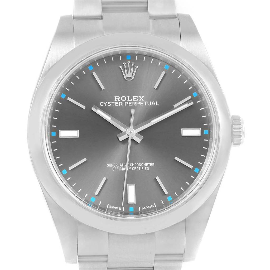 The image shows a front view of the Rolex Oyster Perpetual 114300 Men
s Stainless Steel Grey Dial 114300 Men
s Stainless Steel Grey Dial watch, highlighting its dial, hands, and crown.