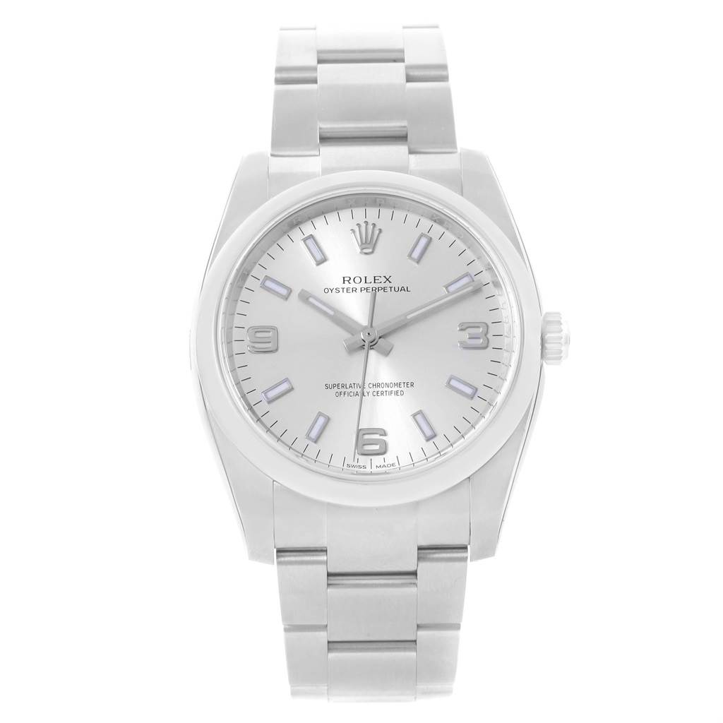 The image shows a front view of the Rolex Oyster Perpetual 114200 Men's Stainless Steel Silver Dial 114200 Men's Stainless Steel Silver Dial watch, displaying its dial, hands, and bracelet.