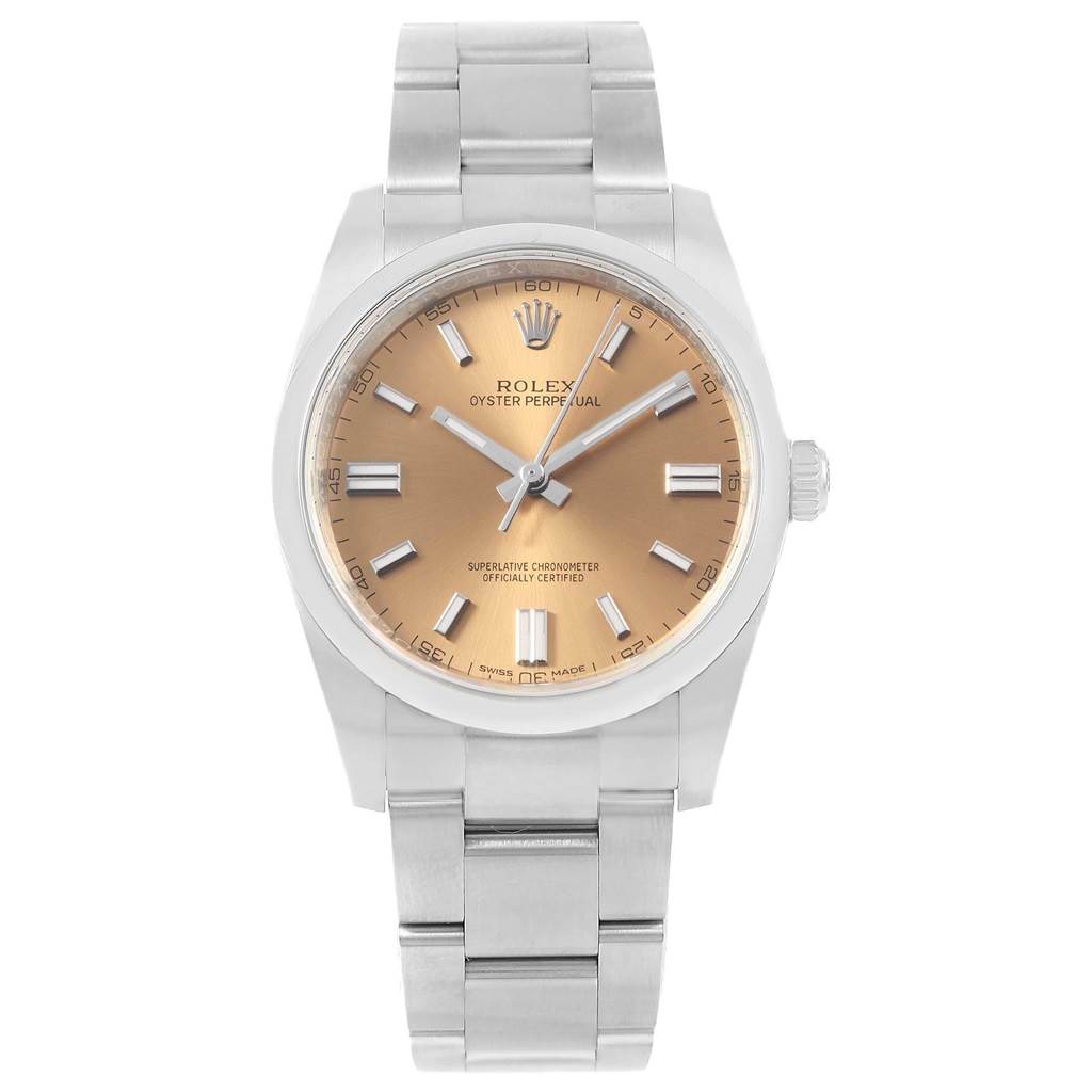 The image shows a frontal view of a Rolex Oyster Perpetual 116000 Men's Stainless Steel Champagne Dial 116000 Men's Stainless Steel Champagne Dial watch, displaying its face, dial, and bracelet.