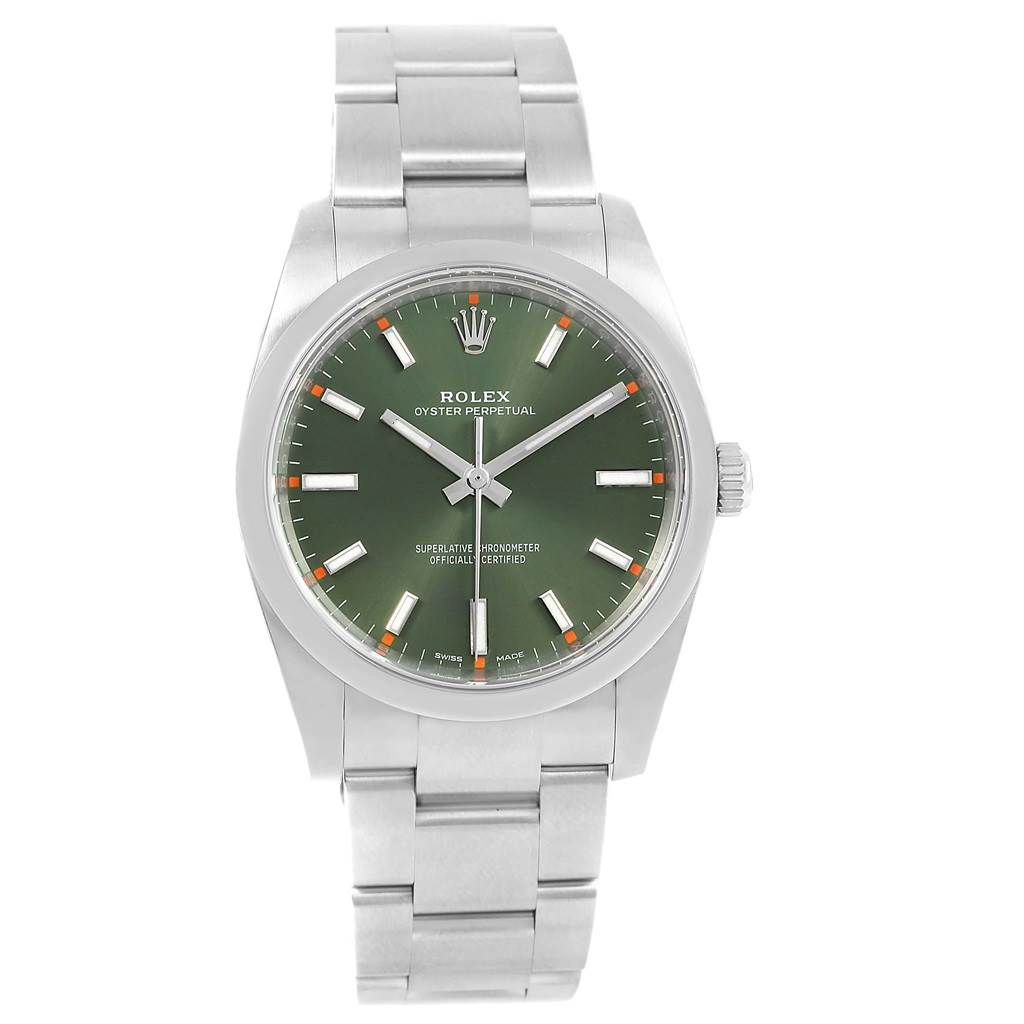This image shows a front view of a Rolex Oyster Perpetual 114200 Men
s Stainless Steel Green Dial 114200 Men
s Stainless Steel Green Dial watch with a green dial and stainless steel bracelet.