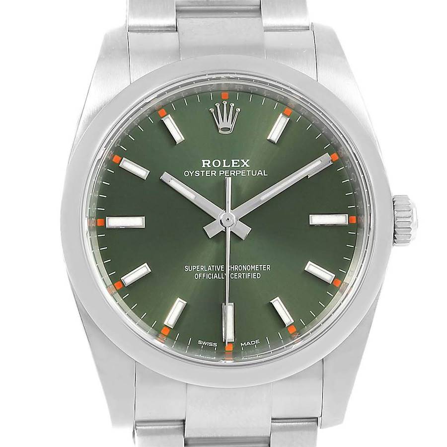 Rolex Oyster Perpetual 34mm Olive Green Steel Mens Watch 114200 SwissWatchExpo