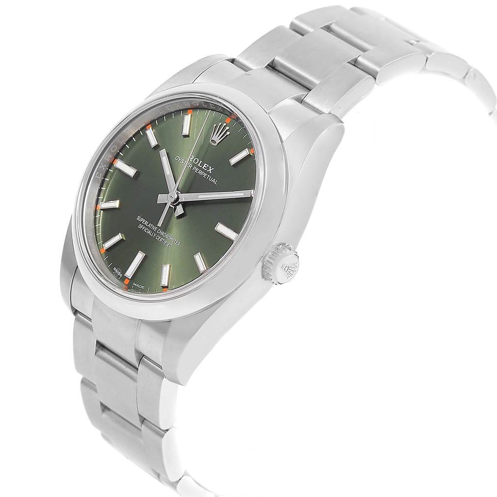 This image shows a side-angle view of the Rolex Oyster Perpetual 114200 Men
s Stainless Steel Green Dial 114200 Men
s Stainless Steel Green Dial watch, focusing on its green dial and metal bracelet.