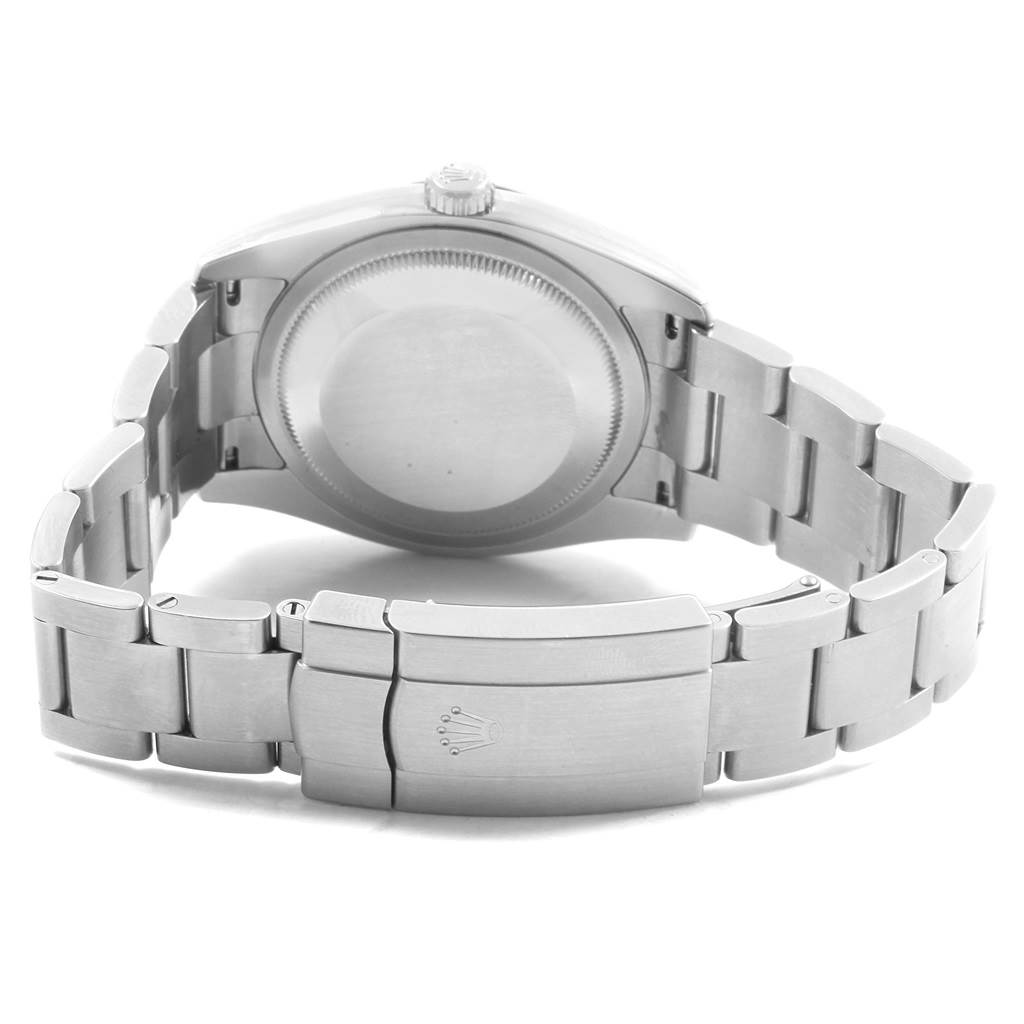 This image shows the back of the Rolex Oyster Perpetual 116000 Men's Stainless Steel Black Dial 116000 Men's Stainless Steel Black Dial watch, highlighting the case back and the bracelet with the clasp.