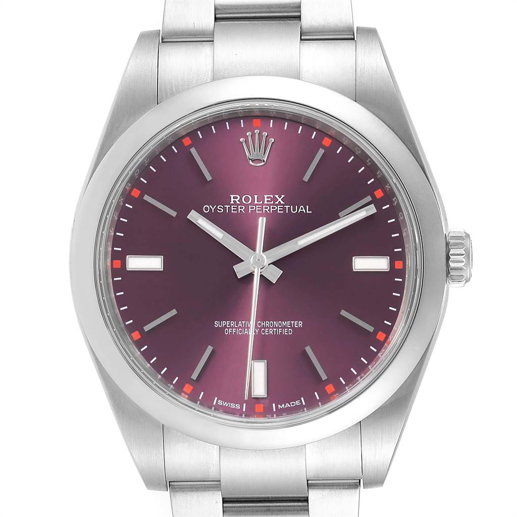 The Rolex Oyster Perpetual 114300 Men's Stainless Steel Burgundy Dial 114300 Men's Stainless Steel Burgundy Dial watch is shown from a top-down angle, displaying the full face, bezel, and part of the bracelet.