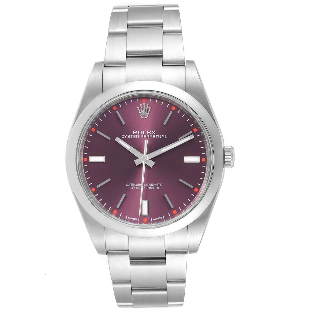 The image shows a front view of a Rolex Oyster Perpetual 114300 Men's Stainless Steel Burgundy Dial 114300 Men's Stainless Steel Burgundy Dial watch, highlighting the dial, bezel, and bracelet.