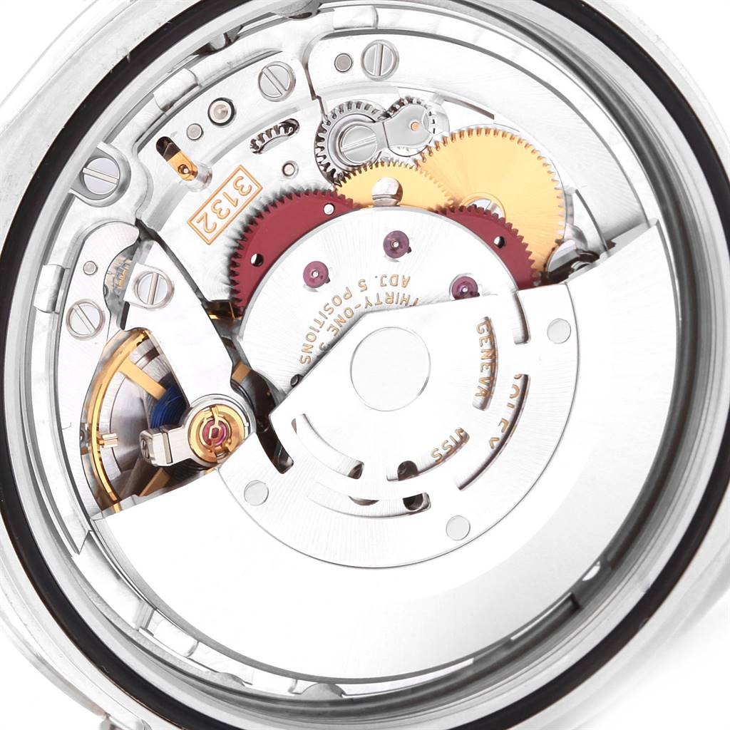 The image shows the internal mechanism of the Rolex Oyster Perpetual 114300 Men's Stainless Steel Burgundy Dial 114300 Men's Stainless Steel Burgundy Dial watch from a straight-on angle.