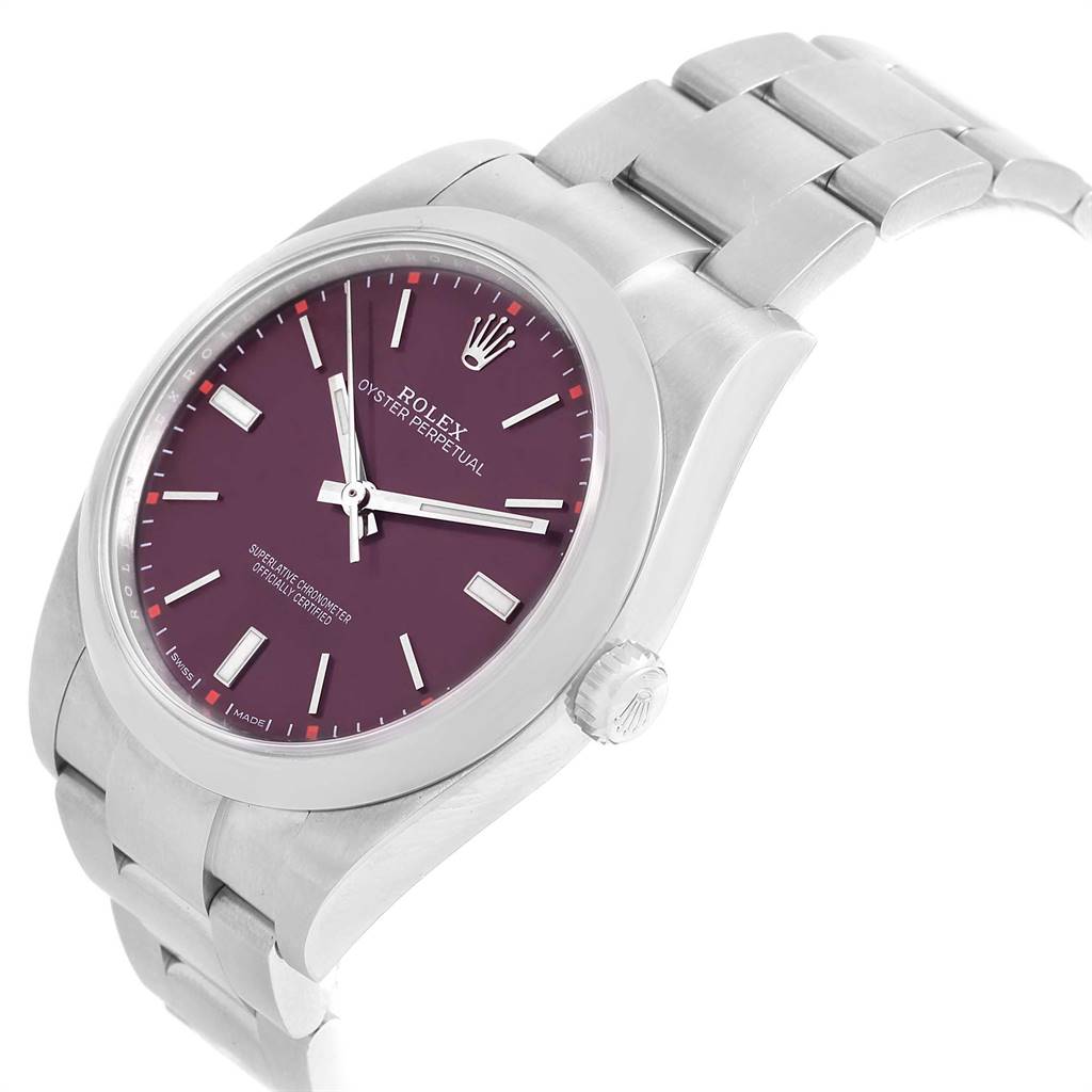 This image shows a Rolex Oyster Perpetual 114300 Men's Stainless Steel Burgundy Dial 114300 Men's Stainless Steel Burgundy Dial watch angled to display the face, crown, and part of the bracelet.
