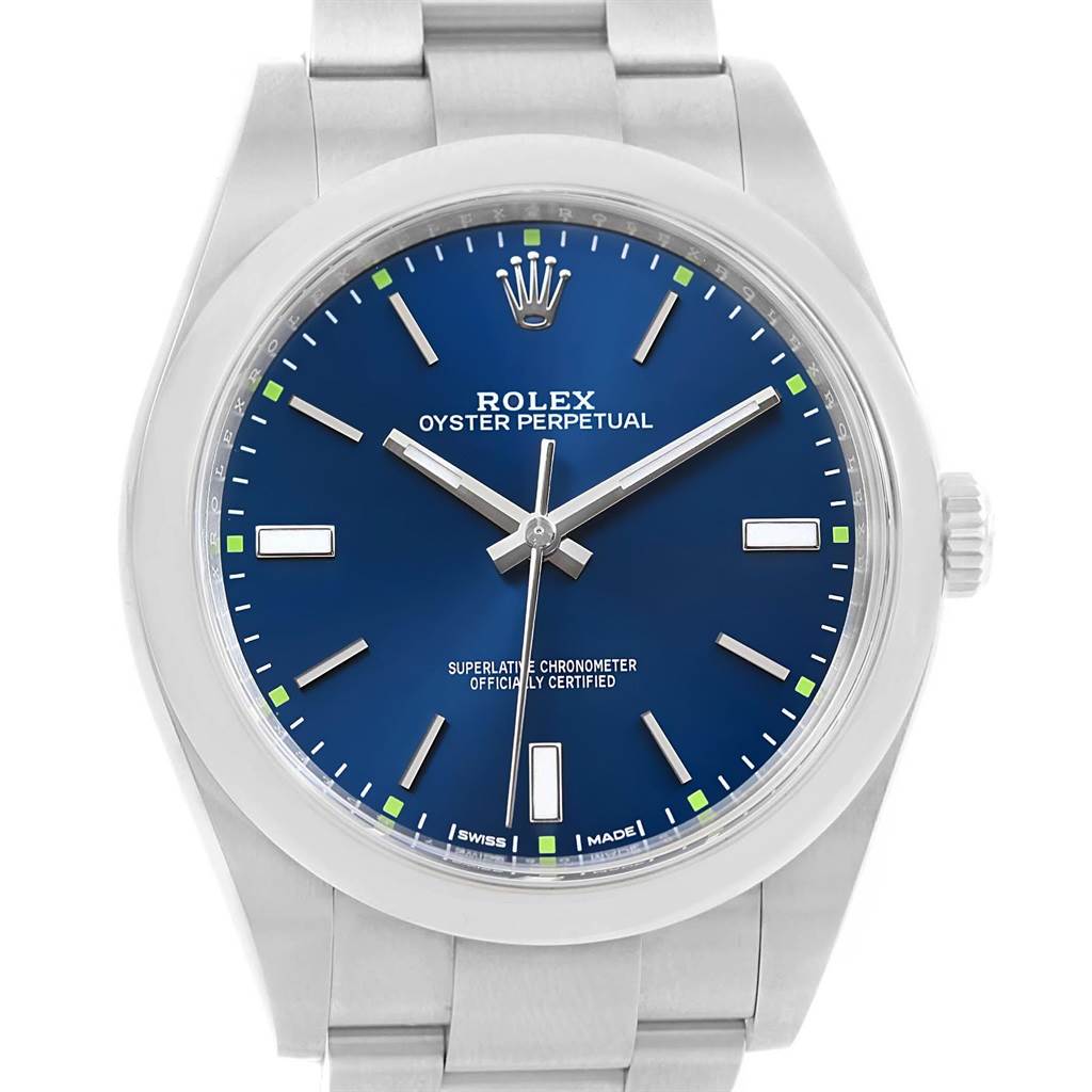This image shows a frontal view of the Rolex Oyster Perpetual 114300 Men
s Stainless Steel Blue Dial 114300 Men
s Stainless Steel Blue Dial watch with a blue dial and silver hour markers.