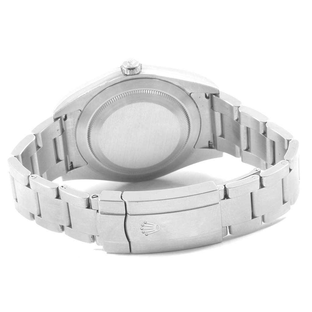 This image shows the back view of a Rolex Oyster Perpetual 114300 Men
s Stainless Steel Grey Dial 114300 Men
s Stainless Steel Grey Dial watch, highlighting its case back and bracelet with the Rolex logo on the clasp.