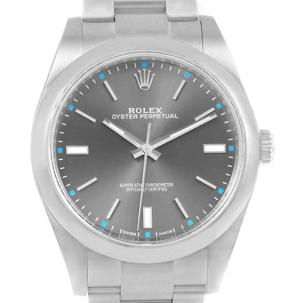 The image shows a front view of a Rolex Oyster Perpetual 114300 Men
s Stainless Steel Grey Dial 114300 Men
s Stainless Steel Grey Dial watch, highlighting its dial and bezel.