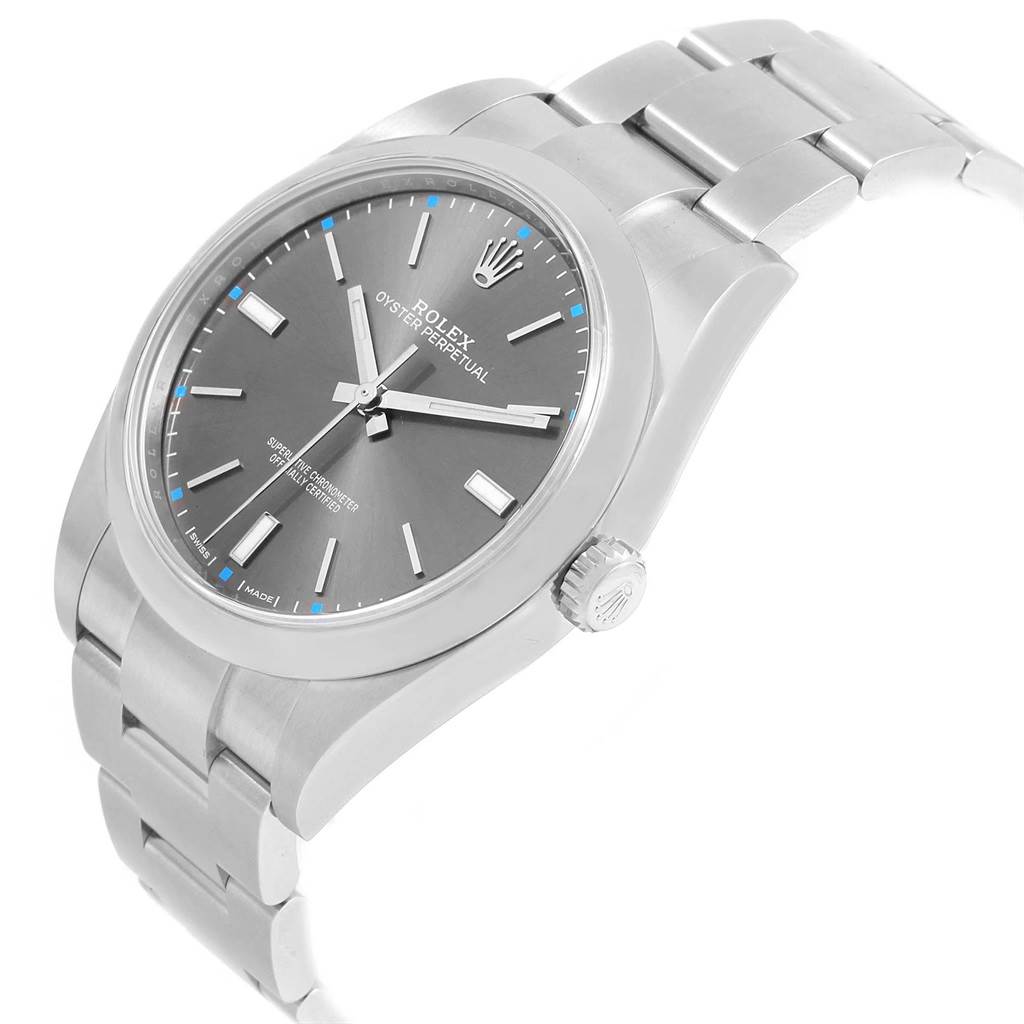 The image shows a Rolex Oyster Perpetual 114300 Men
s Stainless Steel Grey Dial 114300 Men
s Stainless Steel Grey Dial watch at an angled view featuring its dial, case, crown, and bracelet.