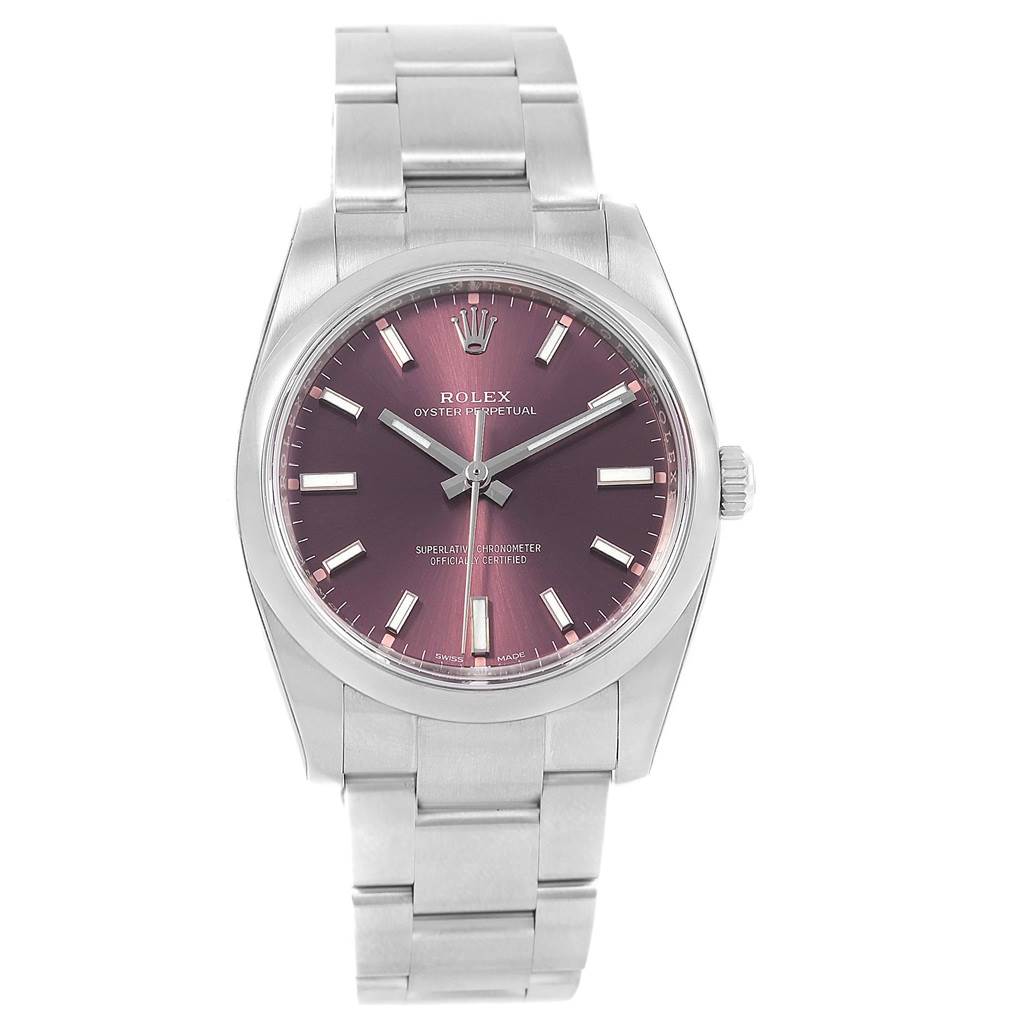 The Rolex Oyster Perpetual 114200 Men
s Stainless Steel Burgundy Dial 114200 Men
s Stainless Steel Burgundy Dial watch is shown from a front angle, displaying its face, bezel, and stainless steel bracelet.