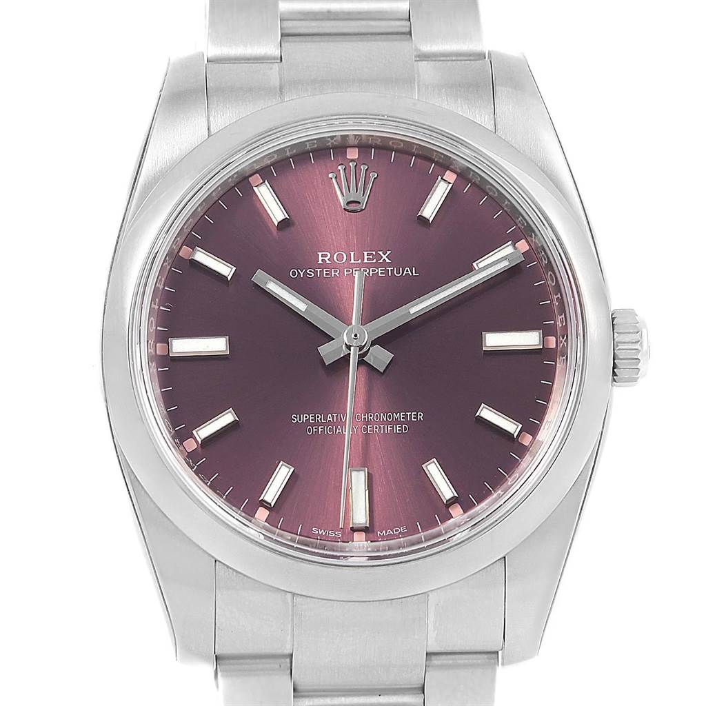 The image shows a front view of a Rolex Oyster Perpetual 114200 Men
s Stainless Steel Burgundy Dial 114200 Men
s Stainless Steel Burgundy Dial watch, highlighting its dial, bezel, crown, and part of the bracelet.