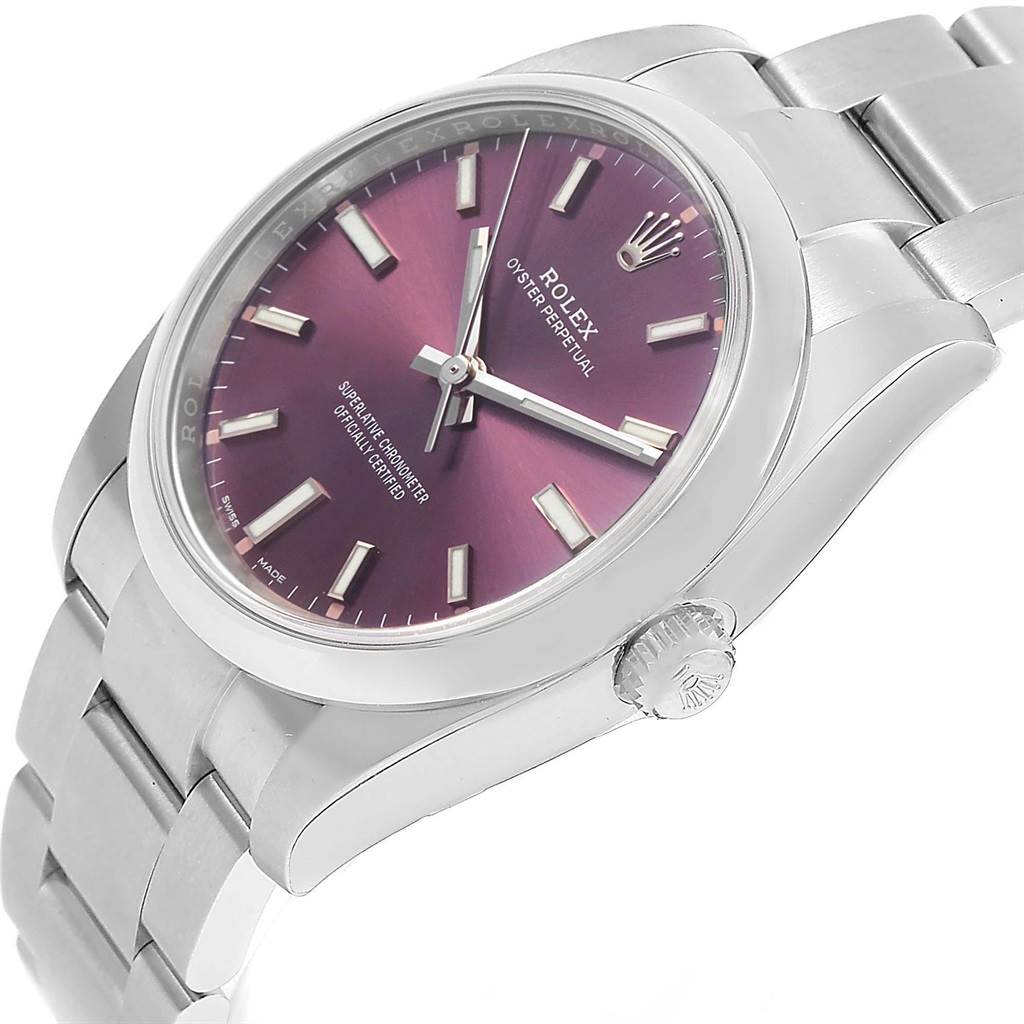 The Rolex Oyster Perpetual 114200 Men
s Stainless Steel Burgundy Dial 114200 Men
s Stainless Steel Burgundy Dial watch is shown at an angle highlighting its face, case, crown, and bracelet.