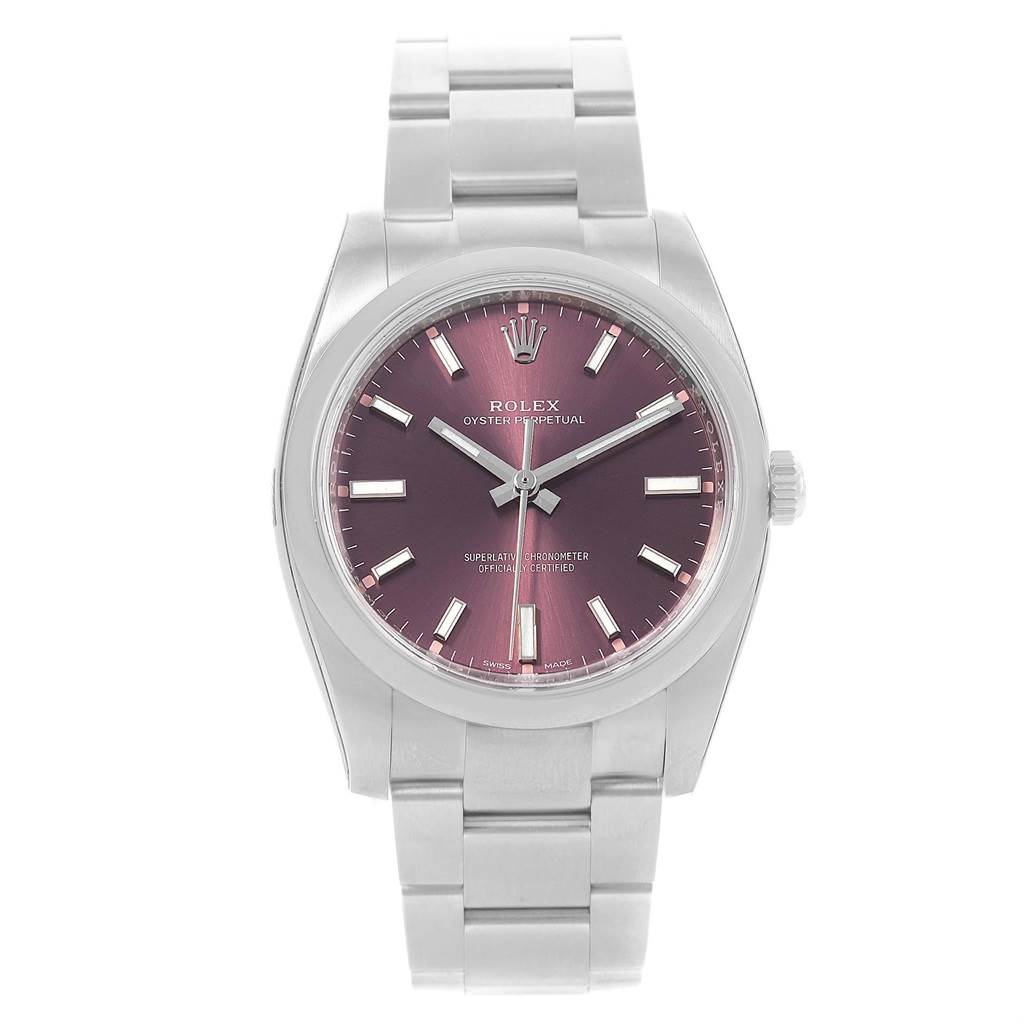 The image shows the front view of a Rolex Oyster Perpetual 114200 Men
s Stainless Steel Burgundy Dial 114200 Men
s Stainless Steel Burgundy Dial watch with a purple dial and silver bracelet.
