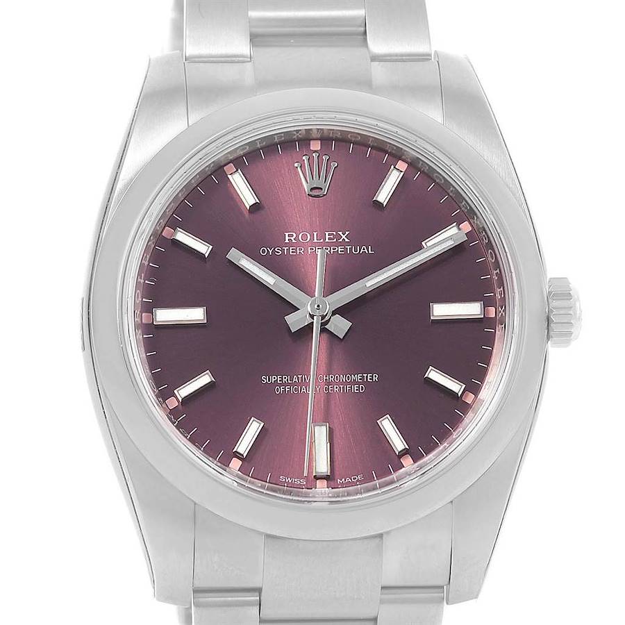 Rolex Oyster Perpetual 34 Red Grape Dial Steel Mens Watch 114200 Unworn SwissWatchExpo