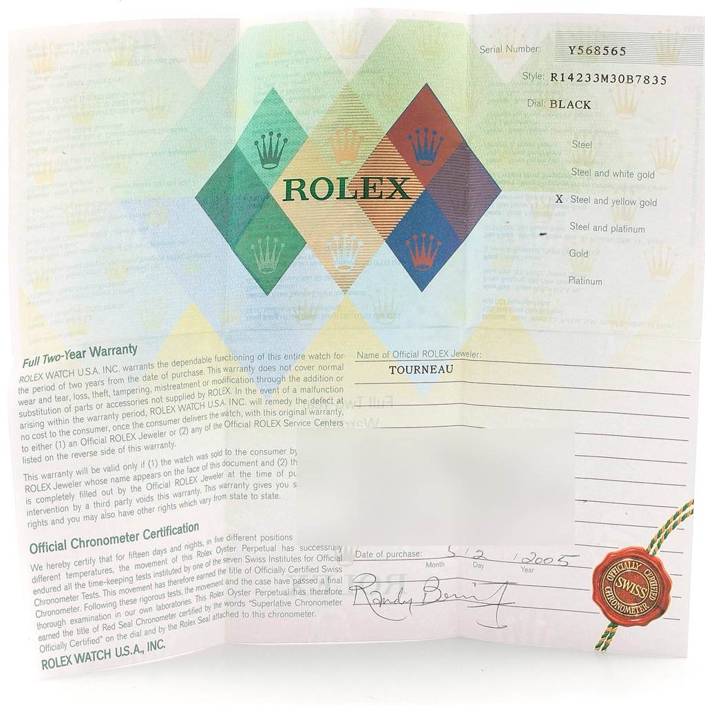 The image shows a warranty card for a Rolex Oyster Perpetual 14233 Men's Steel and Gold (two tone) Black Dial 14233 Men's Steel and Gold (two tone) Black Dial watch, detailing model, serial number, and purchase date.