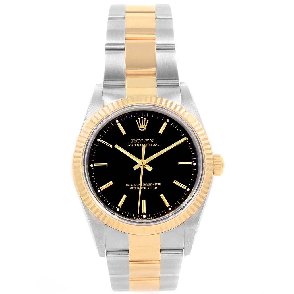 This image shows the Rolex Oyster Perpetual 14233 Men's Steel and Gold (two tone) Black Dial 14233 Men's Steel and Gold (two tone) Black Dial watch from the front angle, displaying its dial, bezel, and bracelet.