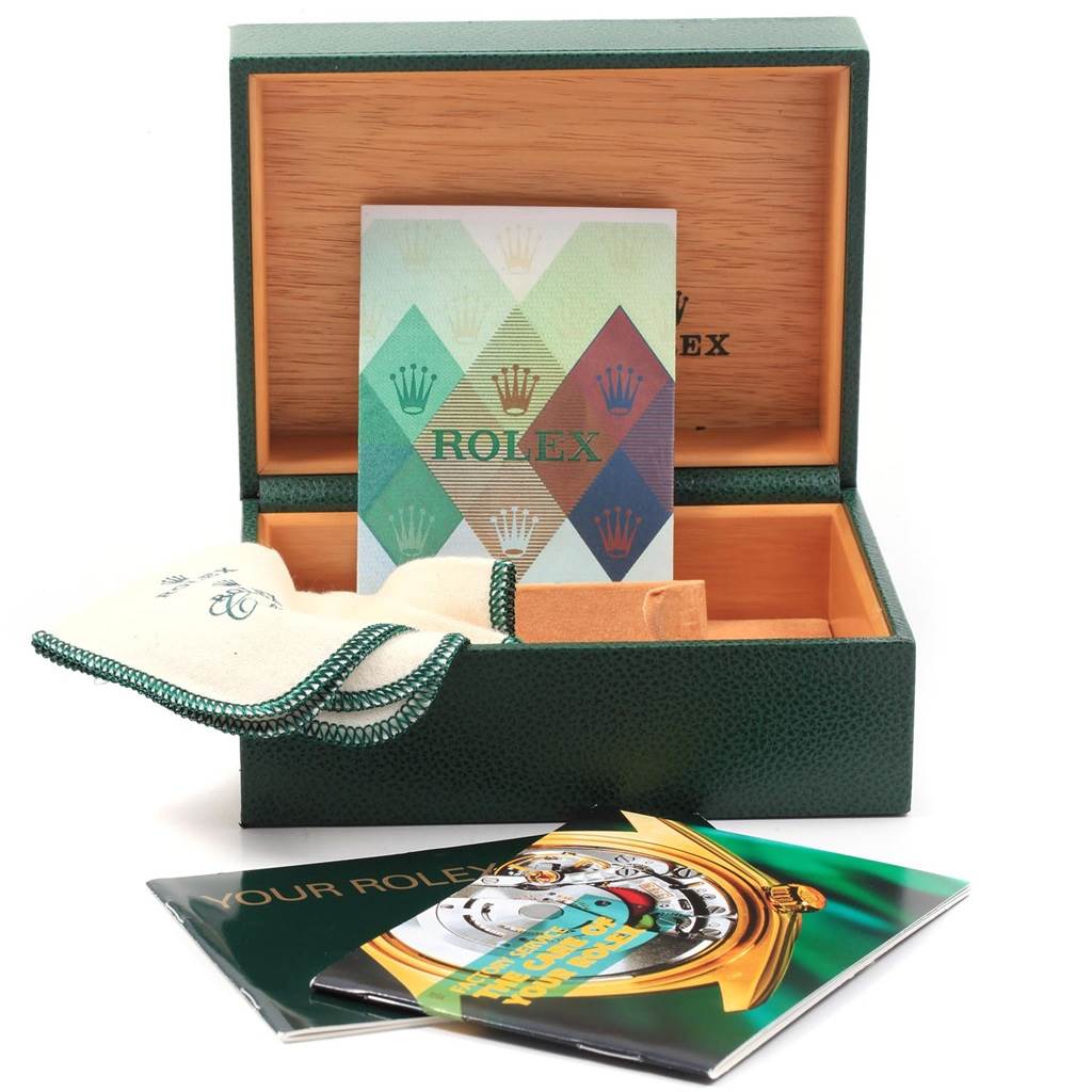 The image shows the packaging, manuals, and accessories for a Rolex Oyster Perpetual 14233 Men's Steel and Gold (two tone) Black Dial 14233 Men's Steel and Gold (two tone) Black Dial watch.