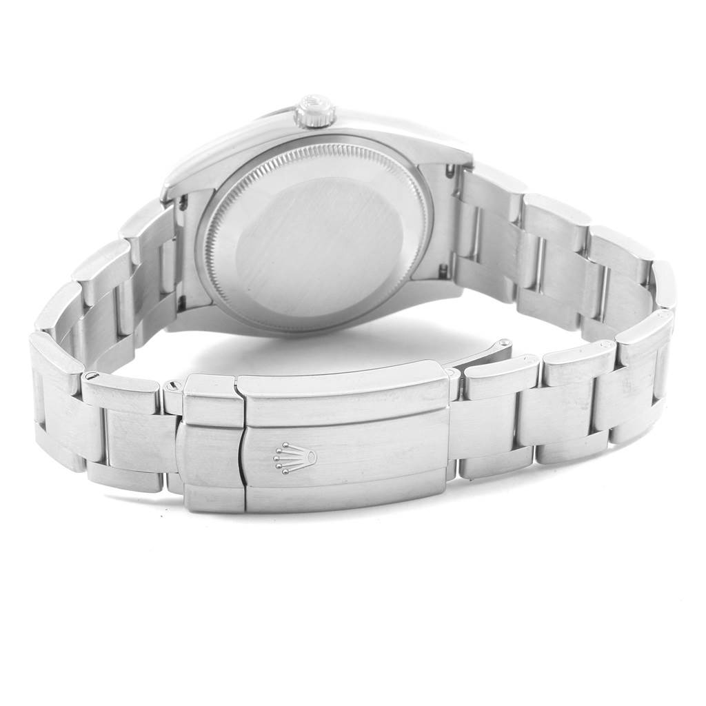 This image displays the back and clasp of a Rolex Oyster Perpetual 114210 Men
s Stainless Steel Silver Dial 114210 Men
s Stainless Steel Silver Dial watch, highlighting its bracelet and case back.