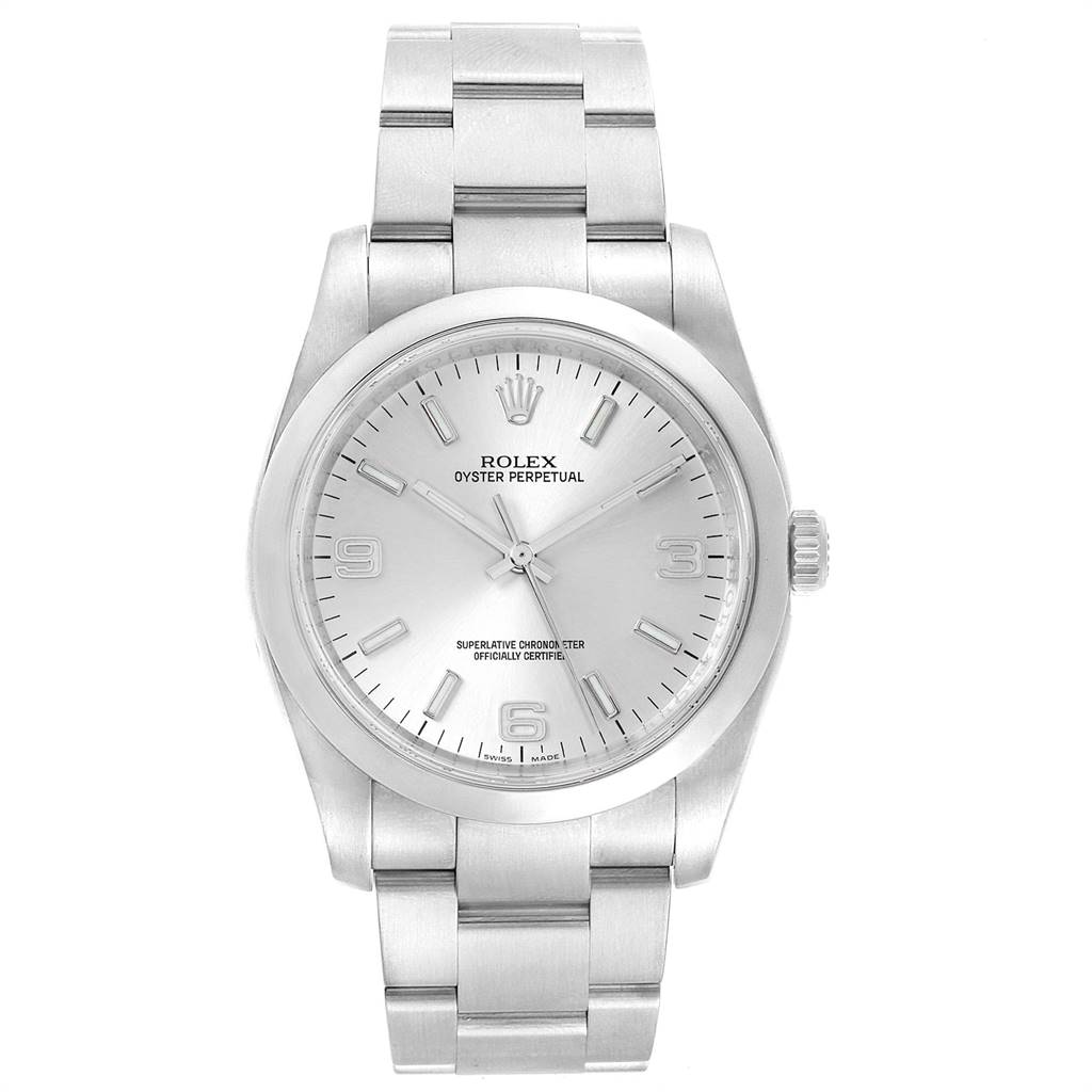 This Rolex Oyster Perpetual 116000 Men's Stainless Steel Silver Dial 116000 Men's Stainless Steel Silver Dial watch is shown from a front-facing angle, displaying the dial, bracelet, and crown on the right.