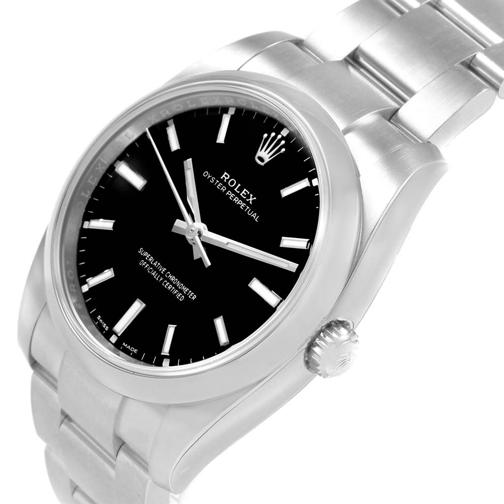The image shows a side and partially top view of a Rolex Oyster Perpetual 114200 Men's Stainless Steel Black Dial 114200 Men's Stainless Steel Black Dial watch, highlighting the black dial, bezel, and bracelet.