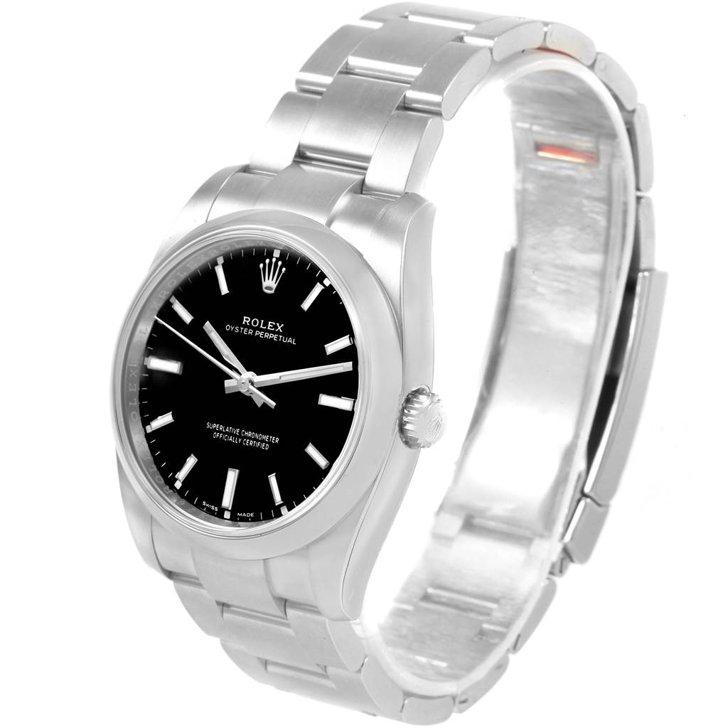 The image shows a Rolex Oyster Perpetual 114200 Men's Stainless Steel Black Dial 114200 Men's Stainless Steel Black Dial watch viewed from an angled side perspective, highlighting the face, bezel, and bracelet.