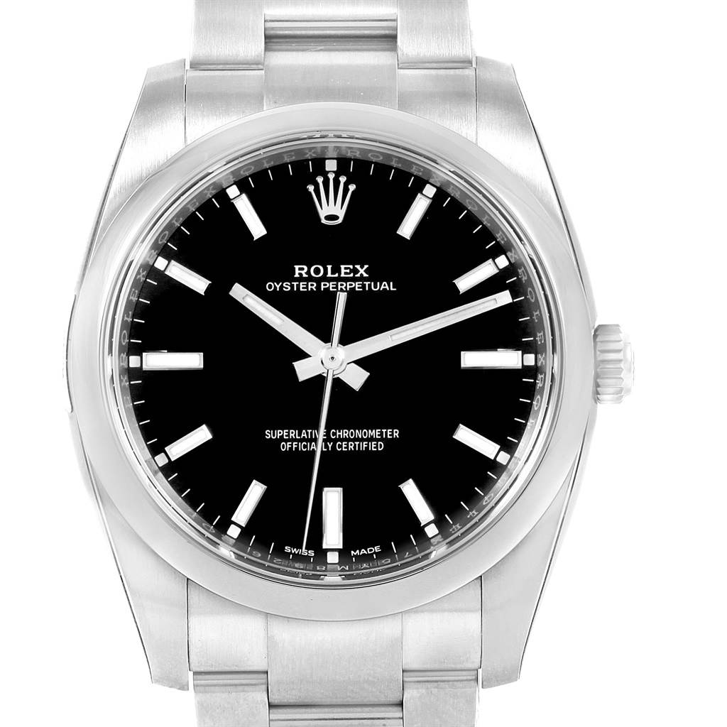 This image shows a front view of the Rolex Oyster Perpetual 114200 Men's Stainless Steel Black Dial 114200 Men's Stainless Steel Black Dial watch, highlighting its dial, case, bezel, and part of the bracelet.