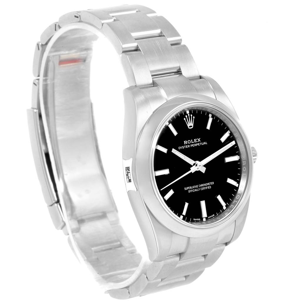 The Rolex Oyster Perpetual 114200 Men's Stainless Steel Black Dial 114200 Men's Stainless Steel Black Dial watch is shown at a slight angle, displaying the face, case, and part of the bracelet.