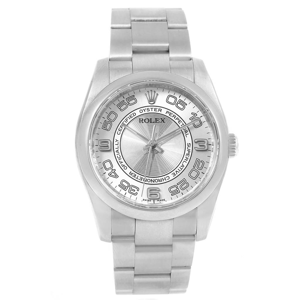 The image shows a front view of a Rolex Oyster Perpetual 116000 Men
s Stainless Steel Silver Dial 116000 Men
s Stainless Steel Silver Dial watch, displaying its face, bezel, and bracelet.